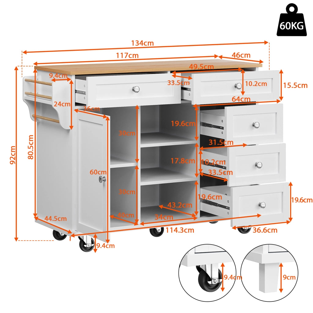 Carrello da pranzo moderno - Zephmum - 134x46x92 cm - Bianco - Design combinato cassetti e armadio, uso duale mobile/fisso