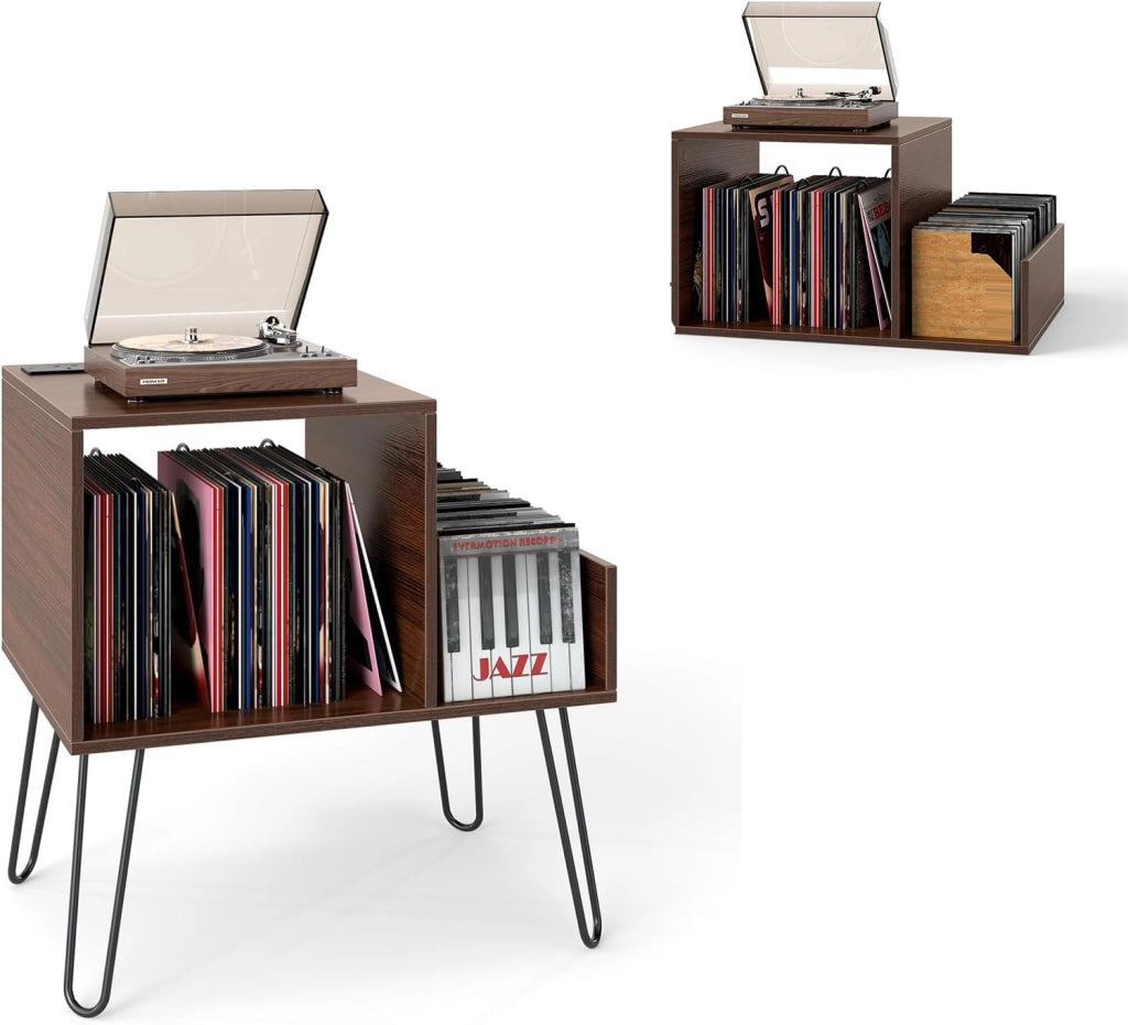 Supporto per Giradischi con Stazione di Ricarica, Porta Dischi Vinile Vintege con Pareti Divisorie e Ripiano Laterale, Espositore per Dischi in Vinile Fino a 145 Album, 66x45x67cm (Nero)