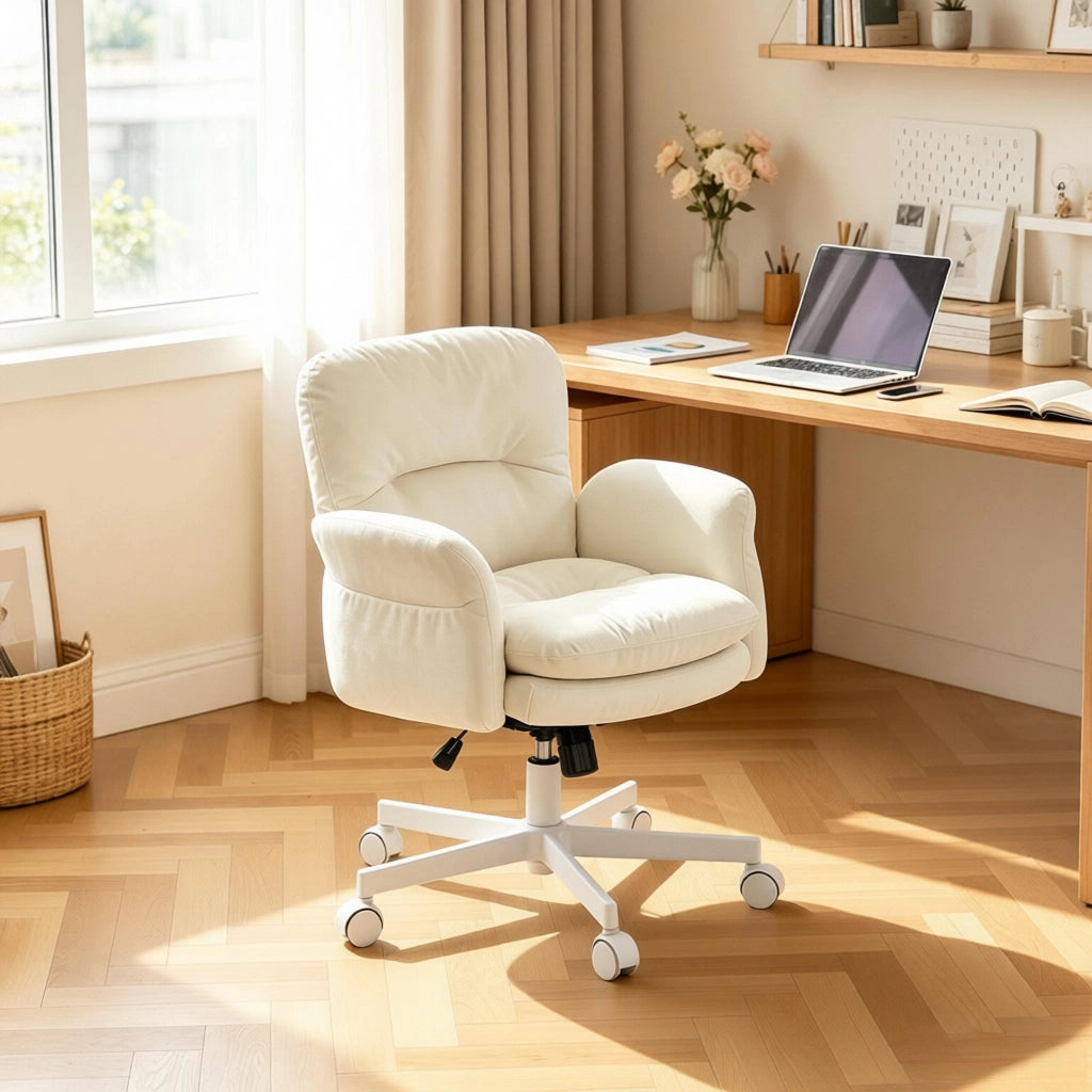 Poltrona girevole con schienale ergonomico in chenille cotone e metallo beige 71 × 68 × 84,5-92,5 cm