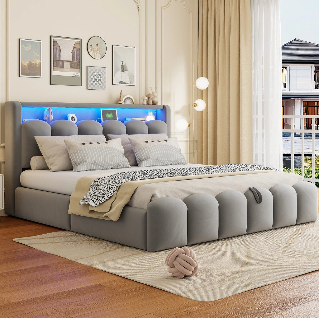 Letto imbottito 180x200 cm con contenitore; LED e porte USB in velluto grigio