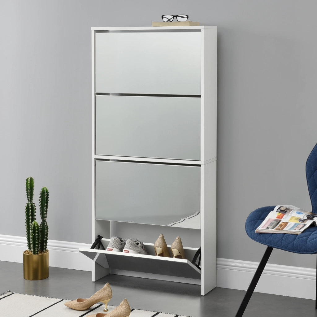 Scarpiera Vogar con 4 Contenitori Ribaltabili Mobile Portascarpe con Ante a Specchio 134x63x17 cm Bianco [en.casa]