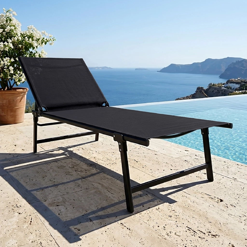 Lettino Prendisole Pieghevole Professionale in Acciaio e Textilene 182x63 cm – Schienale Regolabile 5 Posizioni, Struttura Robusta, Ideale per Giardino, Piscina e Relax Nero