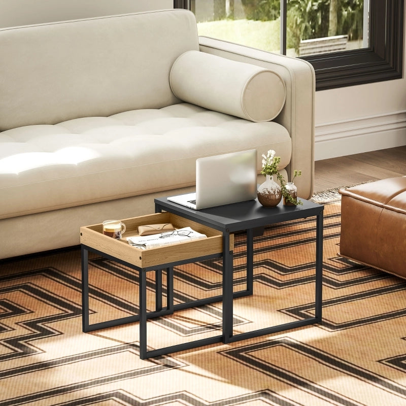 Tavolini bassi impilabili set da 2 pezzi in MDF e acciaio con vassoio rimovibile, design moderno, per soggiorno, nero