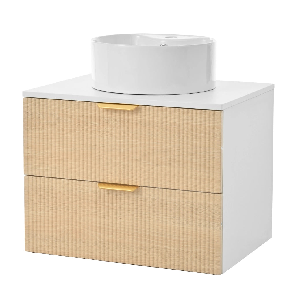Mobile bagno sospeso 60 cm con lavabo in ceramica, 2 cassetti, MDF naturale