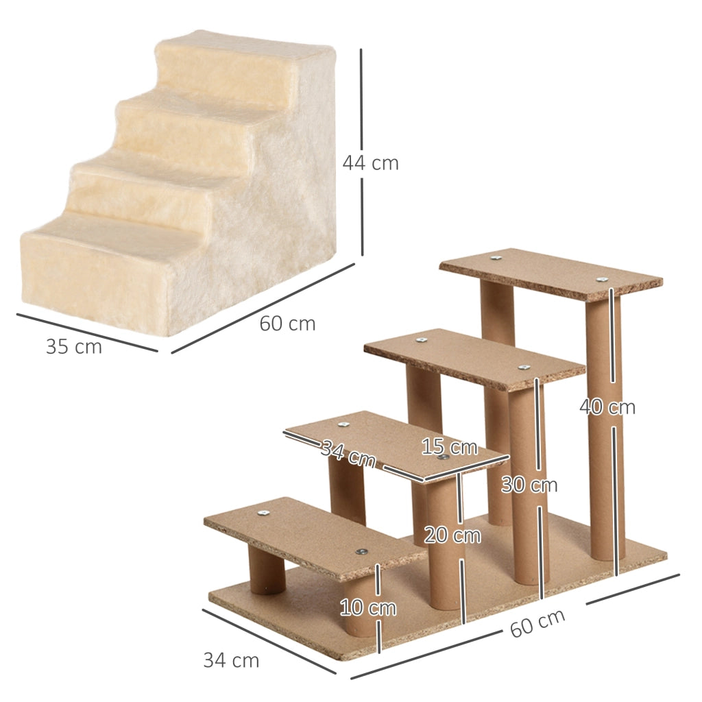 Scaletta per animali a 4 gradini con rivestimento sfoderabile in pile per divano e letto beige 60 × 35 × 44 cm