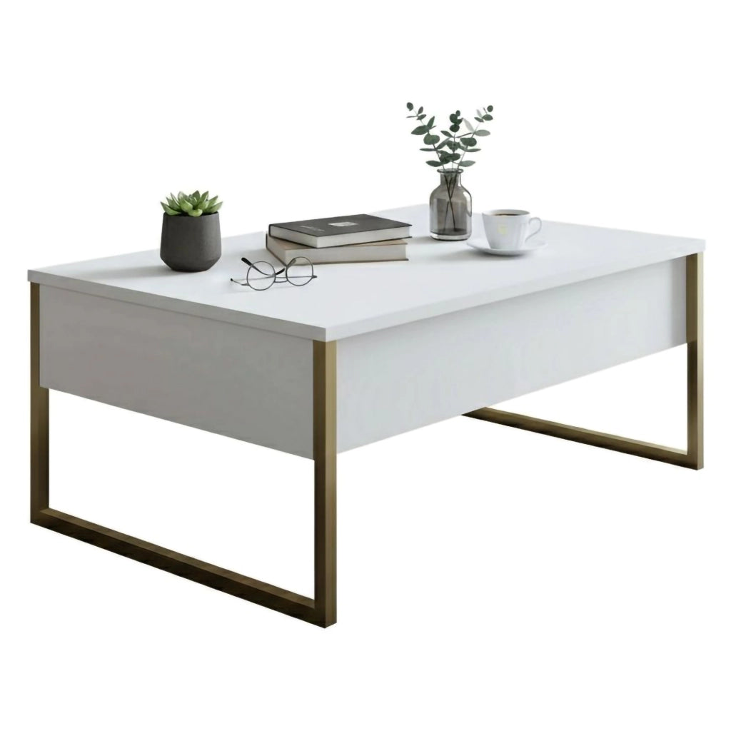 Tavolino da salotto Lavinia, Tavolo basso da caffè, Portariviste per divano, Ripiano da soggiorno, 90x60h40 cm, Bianco e Oro