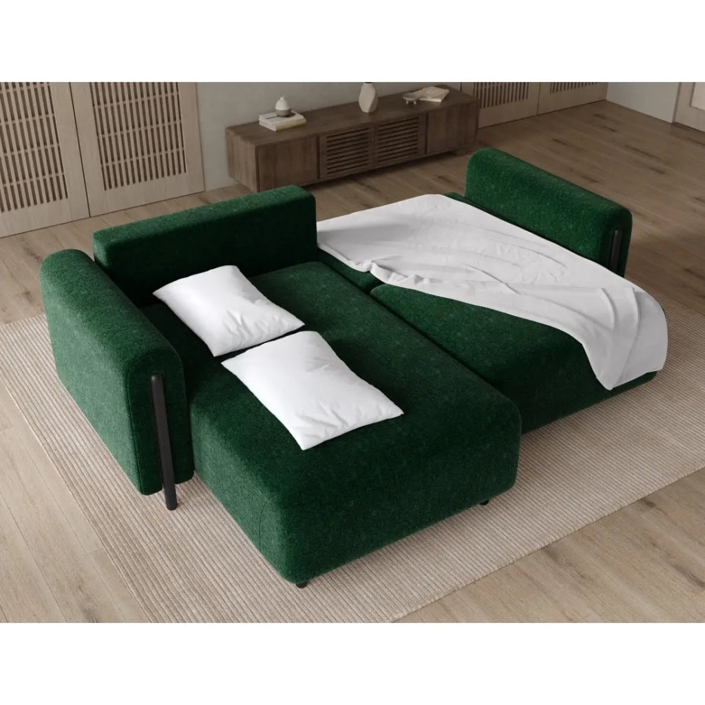 Divano ad angolo convertibile ARVESSA verde smeraldo bouclé – Angolo sinistro con contenitore
