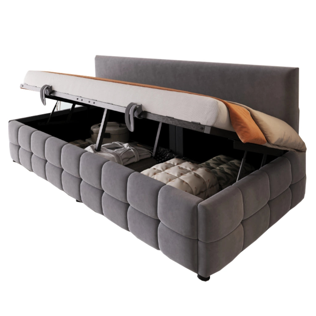 Letto imbottito 90x200 cm con contenitore idraulico, testiera senza braccioli, velluto grigio