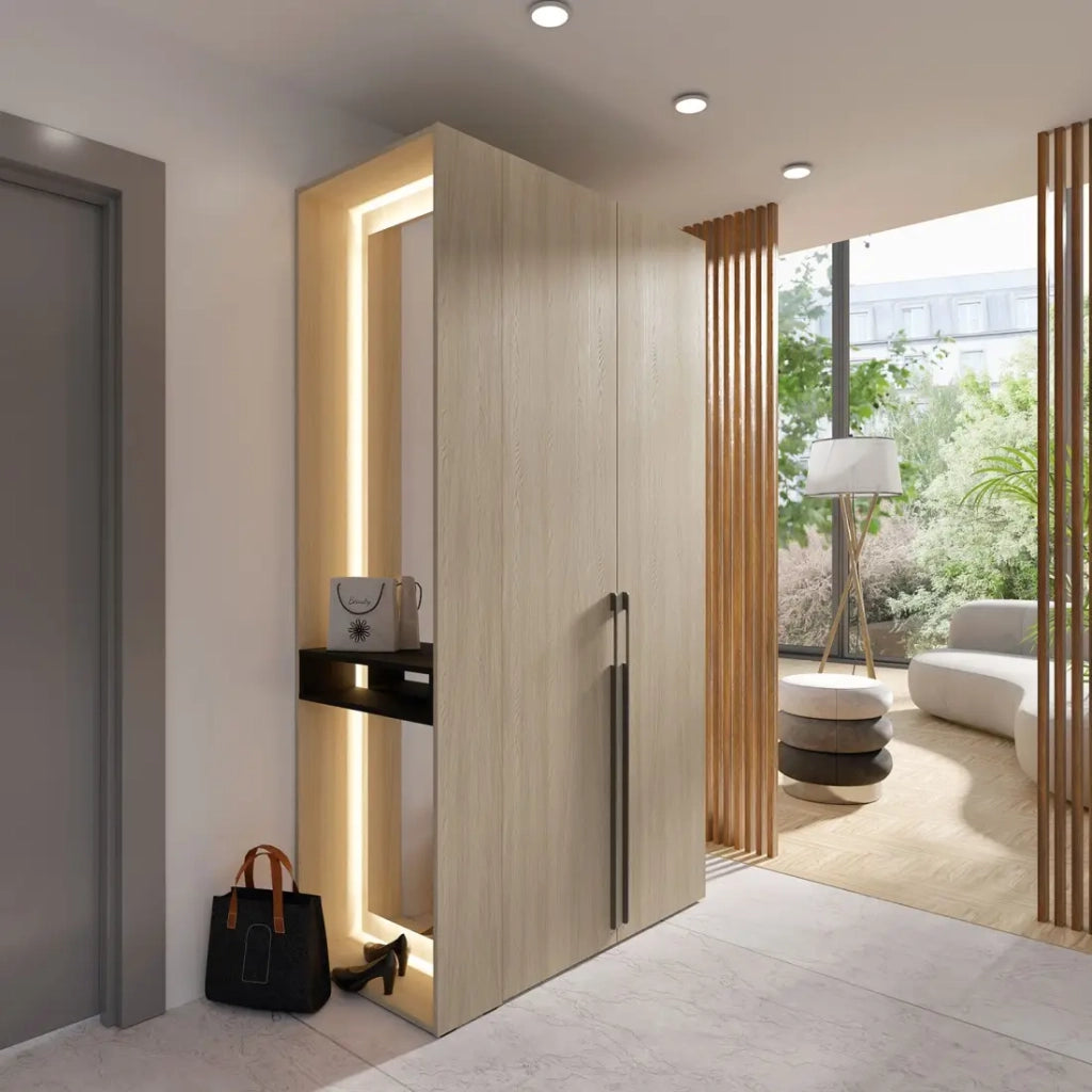 Armadio design SORIA 204 cm in quercia e nero con specchio LED, nicchia e ripiani - 2 ante a battente