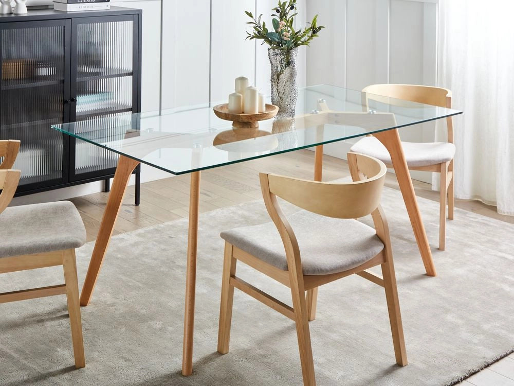Tavolo da Pranzo Trasparente 160 x 90 cm Piano in Vetro Gambe in Legno Rettangolare Scandinavo Moderno