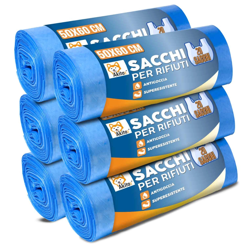 Akitaink 120 Sacchi Spazzatura 50x60 Blu con Legacci