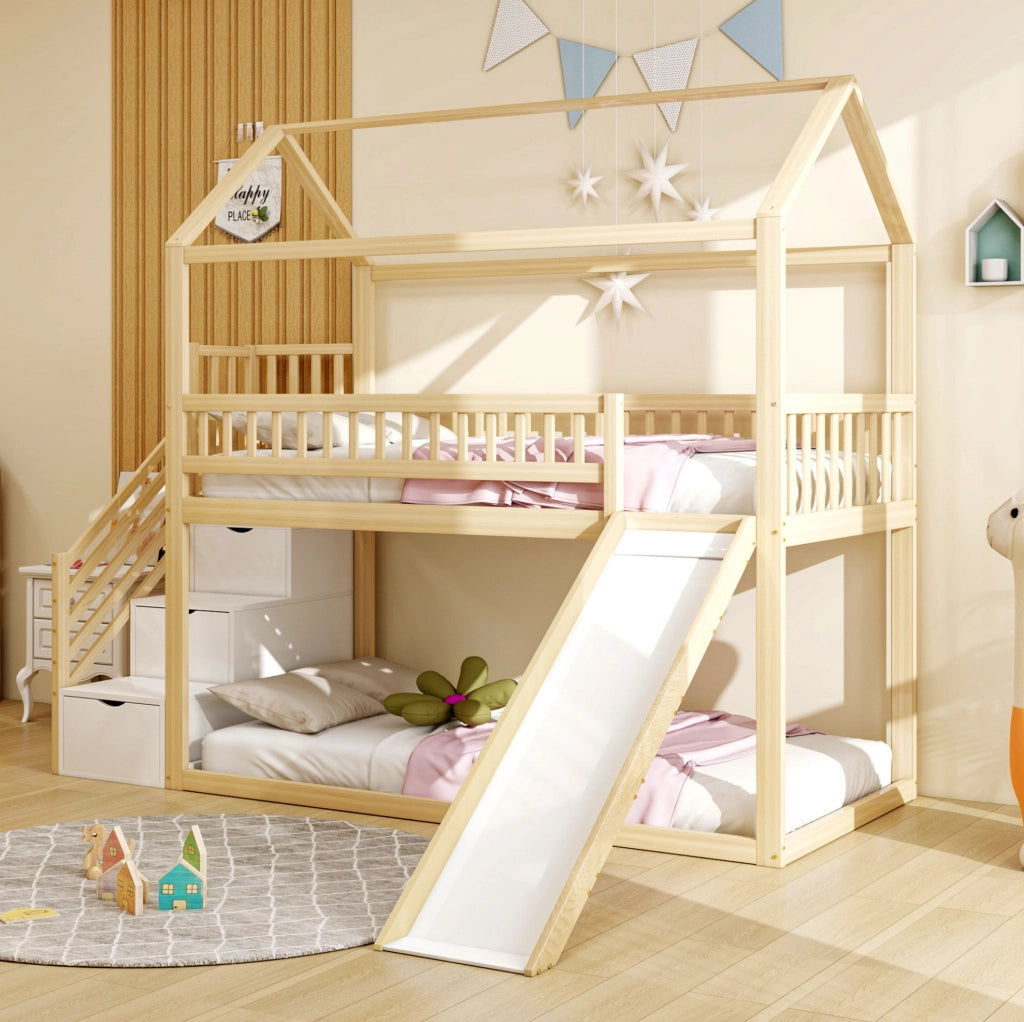 Letto a soppalco per bambini con scivolo e scala contenitore 90 x 200 cm; legno naturale