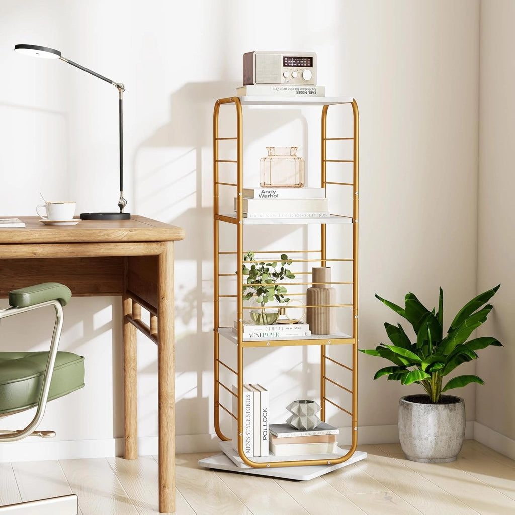 Libreria Verticale Girevole a 360° a 4 Ripiani, Scaffale Salvaspazio con Robusto Telaio in Metallo e Piedini Antiscivolo, Mobile Multifunzionale per Soggiorno e Studio (Bianco + Naturale)