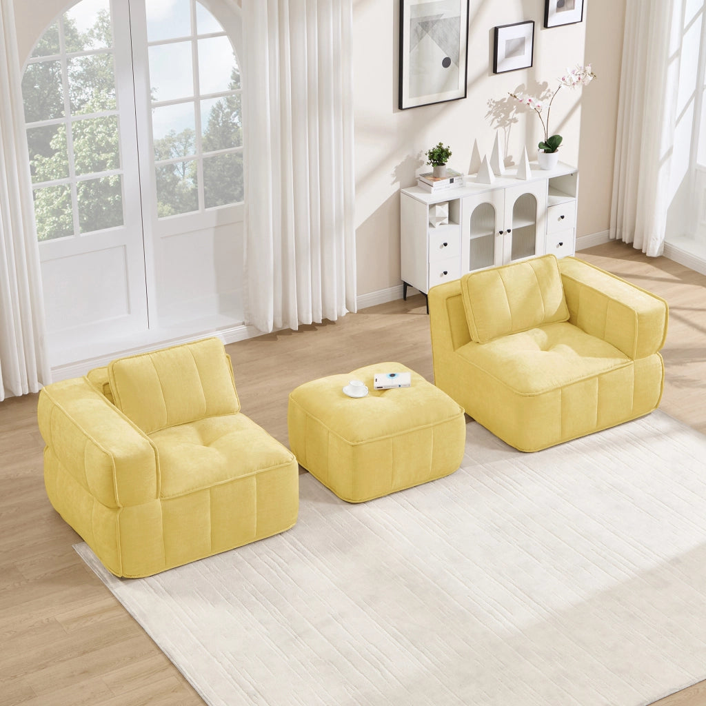 Divano angolare modulare a 2 posti senza struttura con pouf e seduta profonda in poliestere giallo 198 × 162 × 67 cm