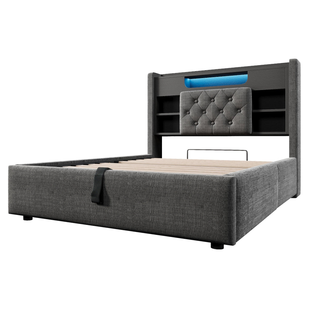 Letto contenitore 90x200 cm in lino grigio con LED, USB/Type-C e testiera con spazio contenitivo