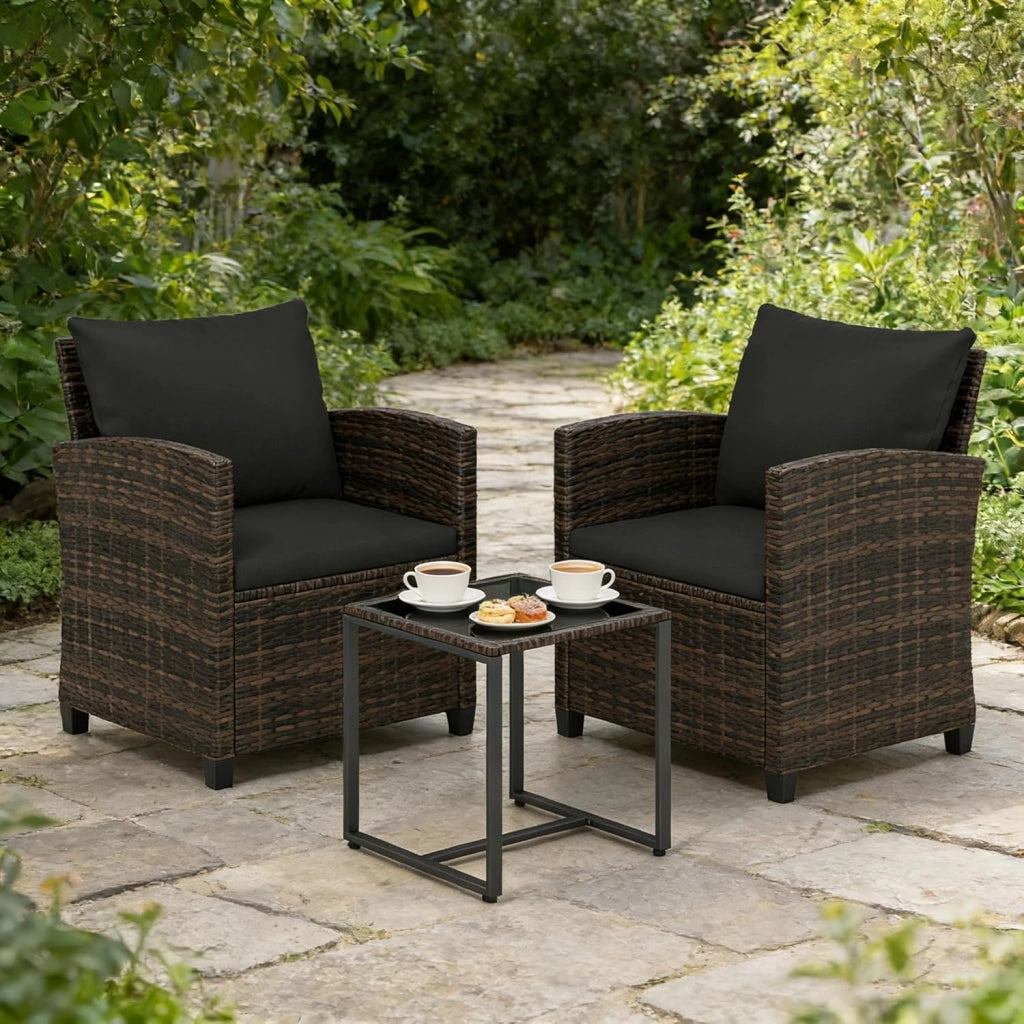 Set da Giardino 3 Pezzi, Set Salotto Esterno per 2 Persone, 2 Poltrone con Cuscini + 1 Tavolino con Piano in Vetro, Mobili da Esterno per Balcone, Terrazza, Cortile (Nero+Grigio)