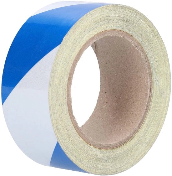 Tappetino di segnalazione per pavimento riflettente - Tappetino di avvertimento - Adesivo autoadesivo - PET - Blu/Bianco - 5 cm largo, 30 m lungo