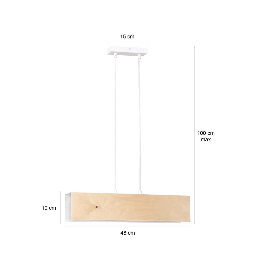 Lampadario 2 Luci Merlino In Acciaio Bianco Corpo Rettangolare E Legno Naturale