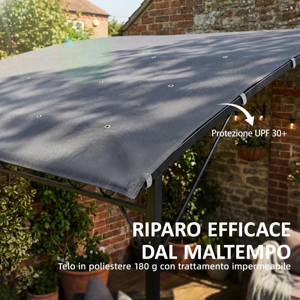 Gazebo Pergola con 16 Fori di Drenaggio, in Metallo e Poliestere, 3.8x2.8 m, Grigio