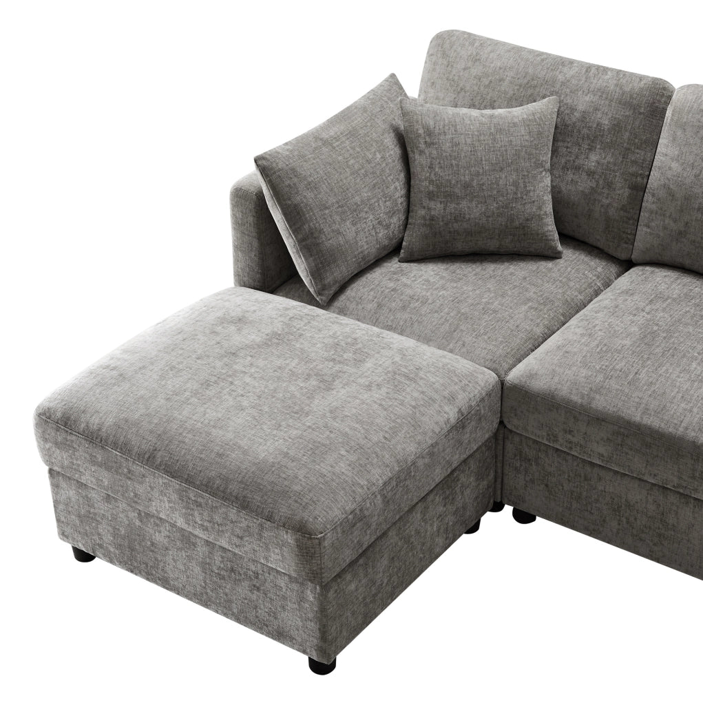 Divano angolare modulare a L con pouf; 3-4 posti; in tessuto Chenille grigio 218 x 156;5 x 86 cm
