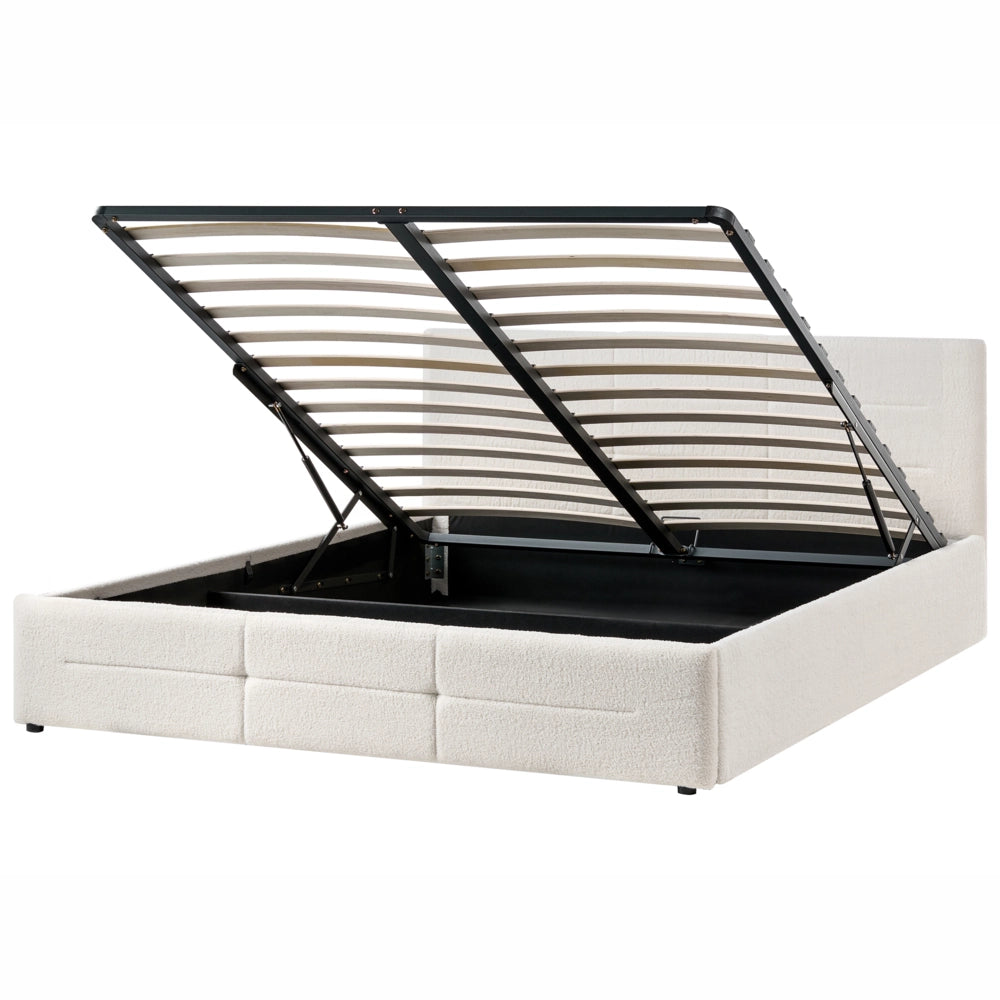 Letto ottomano bianco sporco bouclé 180x200 cm con testiera sollevabile e base a doghe Design moderno