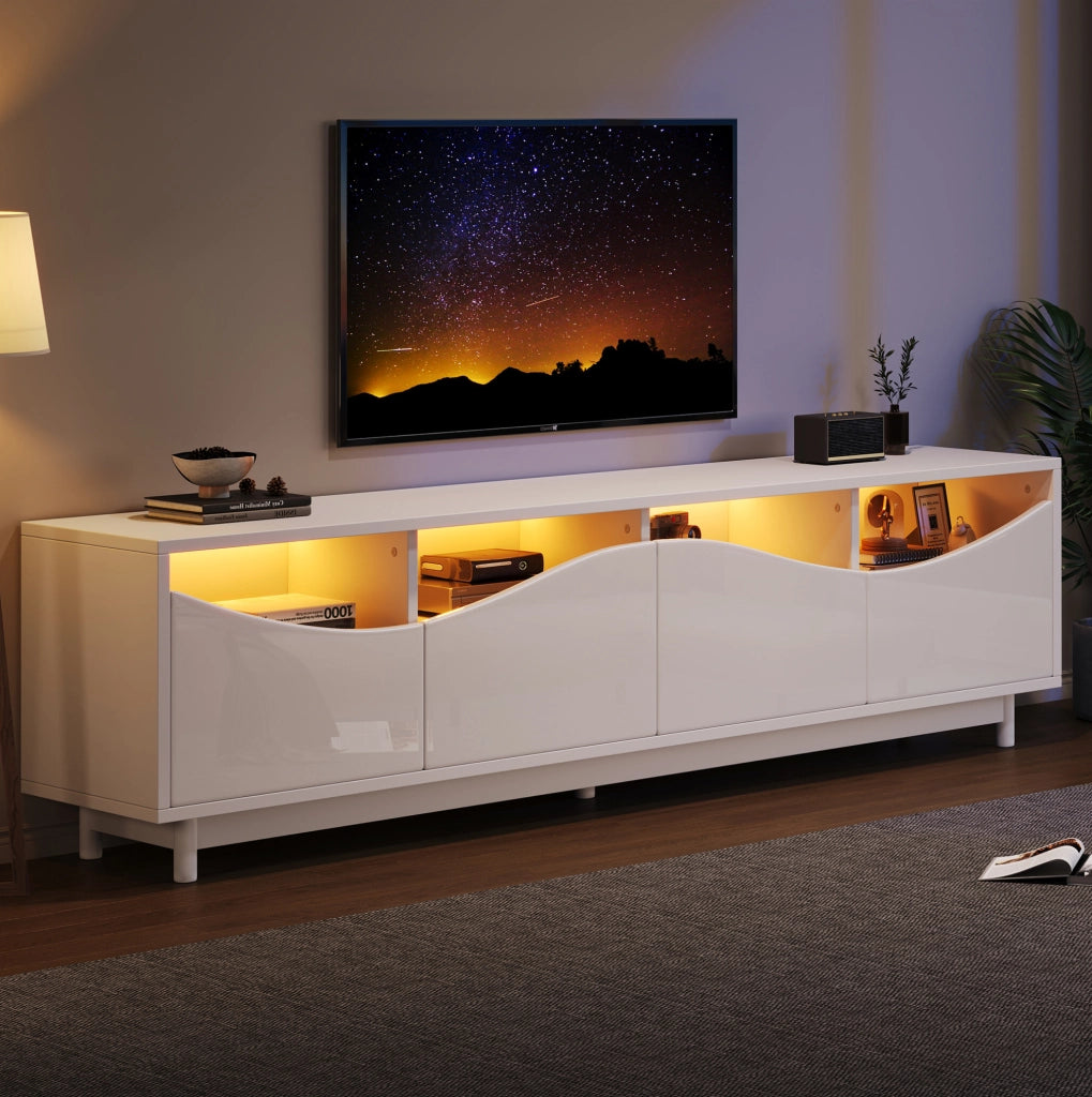 Mobile TV curvo 175x38x51 cm in MDF bianco lucido con LED e vetro temperato