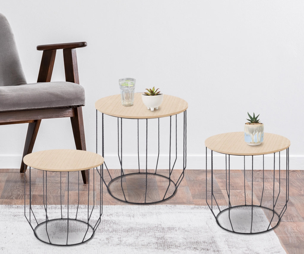 Set 3 Tavolini Da Salotto Sovrapponibili Rotondi Design Moderno Tavolino Da Caffè Estraibili Mobile Soggiorno Tavolo Divano Top In Legno Struttura In Acciaio Stile Industrial Vano Porta Oggetti  - Naturale - Modello 2