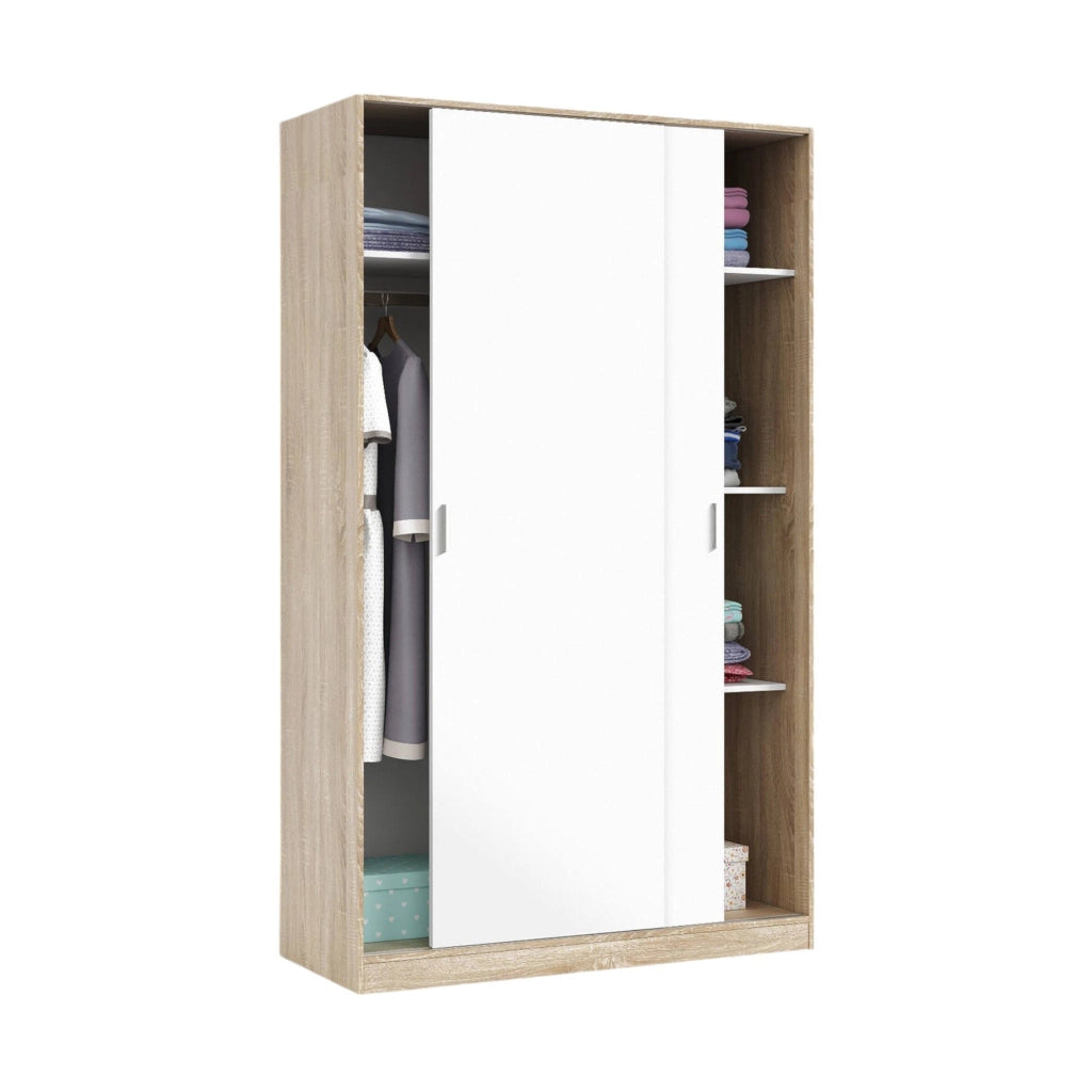 Guardaroba Adrenalin, Armadio per camera da letto a 2 ante scorrvoli, Mobile con 3 ripiani e barra appendiabiti, cm 120x50h200, Rovere e Bianco