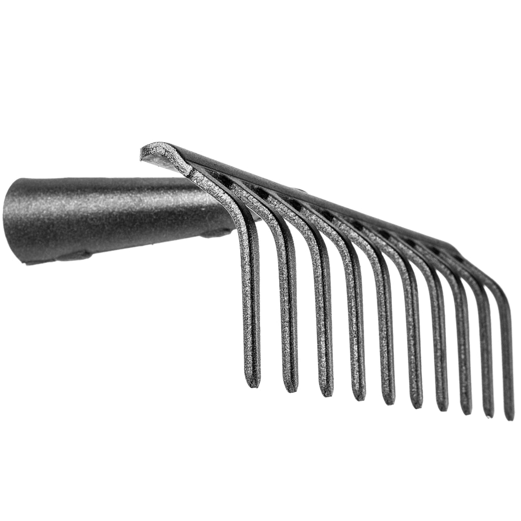 Rastrello per foglie in acciaio KADAX a 10 denti, senza manico, per terra ed erba.