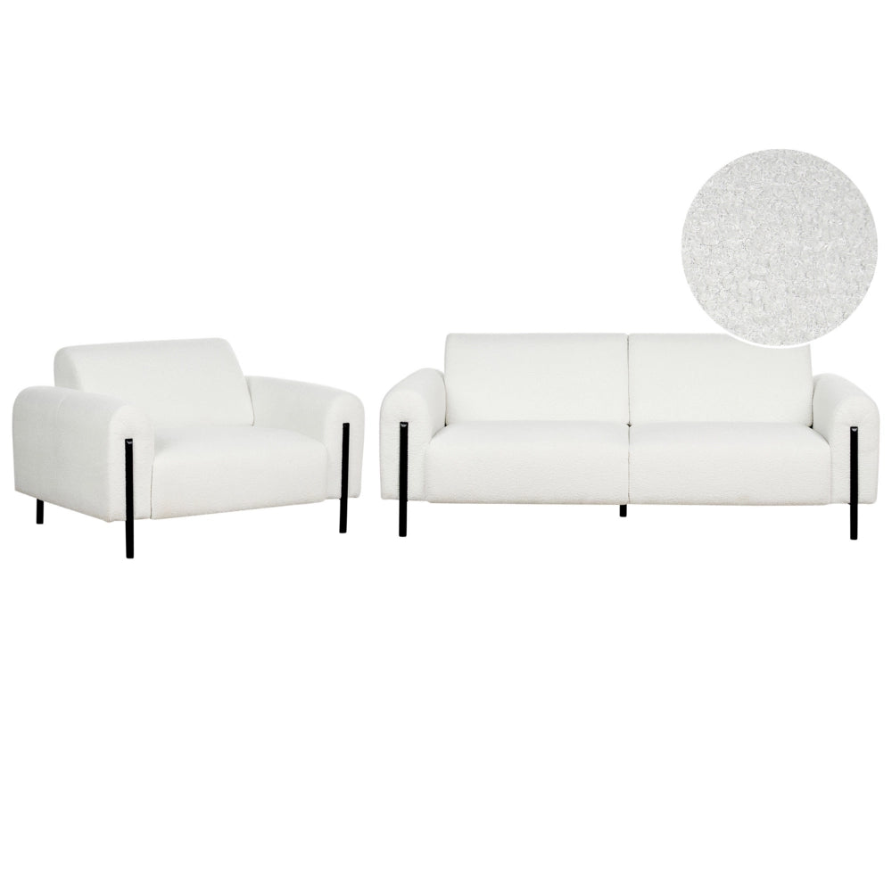 Set soggiorno divano 3 posti e poltrona imbottita in tessuto bouclè bianco con schienale regolabile stile elegante moderno
