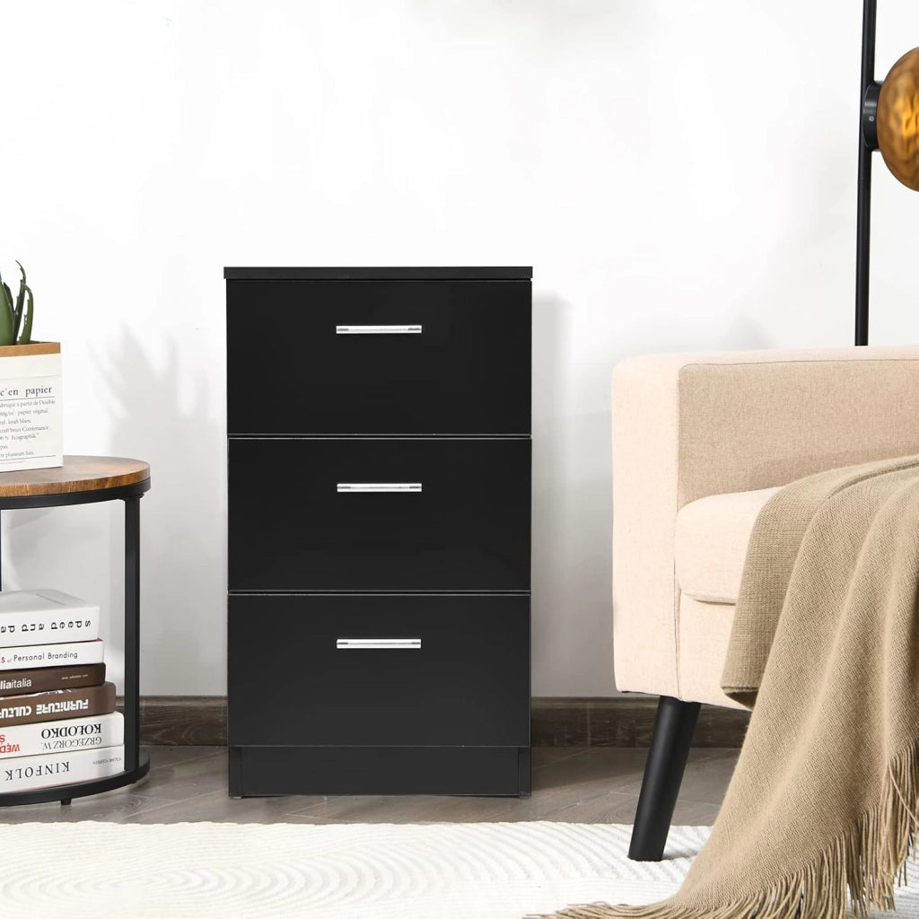 Comodino Camera, Armadietto Laterale, Mobiletto Fianco Letto, con 3 Cassetti, per Ufficio/Soggiorno/Studio, Portata di 80kg, 38x35x67cm, Nero/Bianco