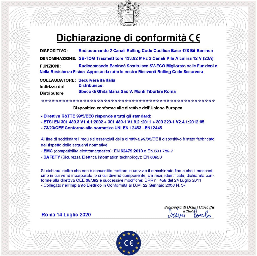 Telecomando TO.GO 2 Canali Frequenza 433,92 MHz Portata Libera 60/100 MT Codice Sicurezza Advanced Rolling Code 128 Bit Batteria 12 V 23A Contenitore ABS Nero Tasti Gialli Comando Automatismo Benincà