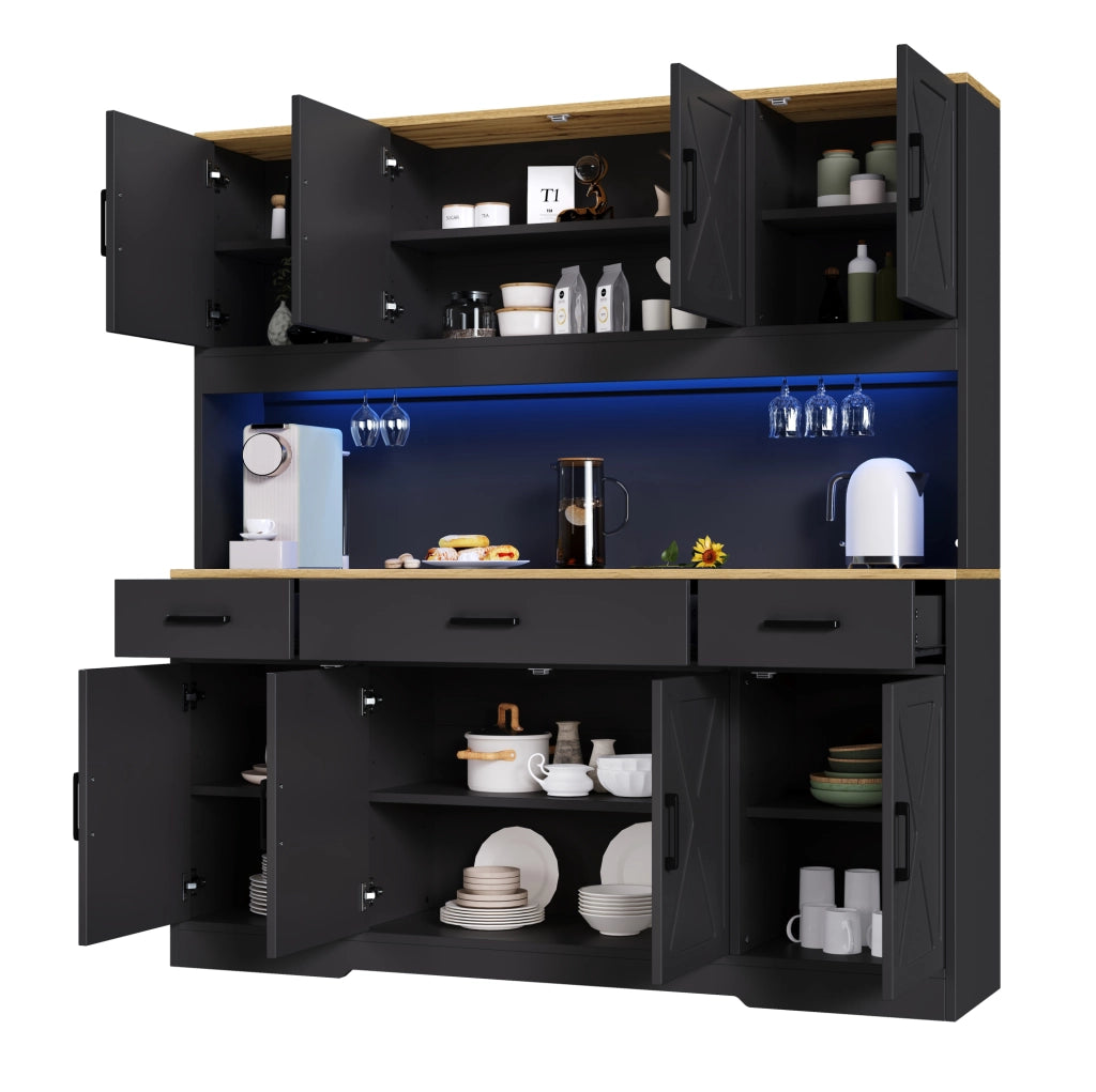 Credenza buffet 150x40x180 cm con LED; 2 prese; USB-A/C; portabicchieri; nero