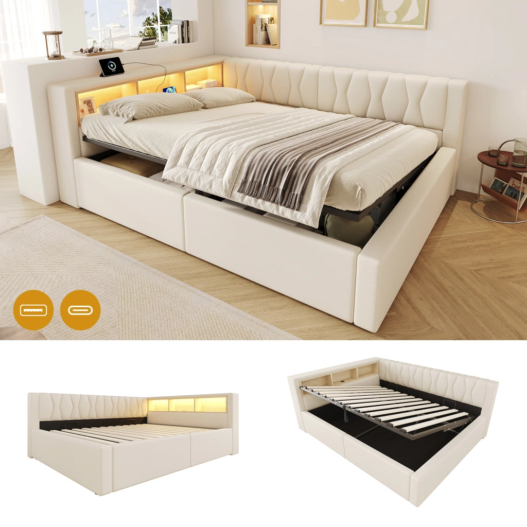 Letto contenitore 140x200 cm con sollevamento idraulico; LED dimmerabile; testiera con ripiano e USB; beige