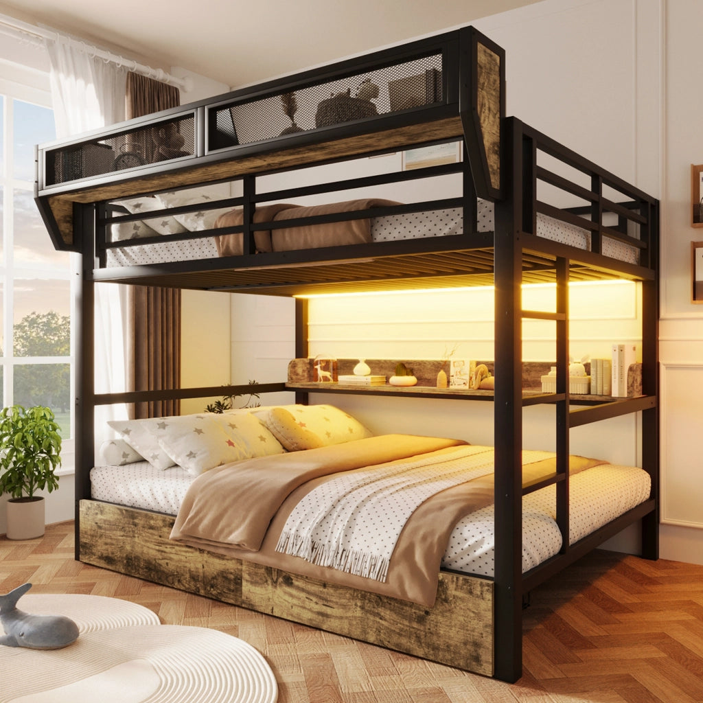 LETTO A CASTELLO 140x200 cm Metallo e MDF Nero con LED e 2 cassetti