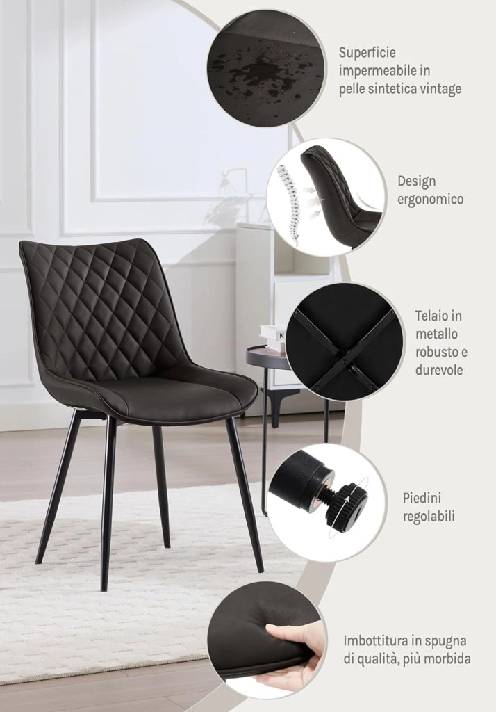set di 6 sedie sala da pranzo sedie cucina moderne sedie imbottite Adatte per Sala Pranzo, Soggiorno, Camera da Letto Estetica in Ecopelle Antracite Metallo BH210an-6