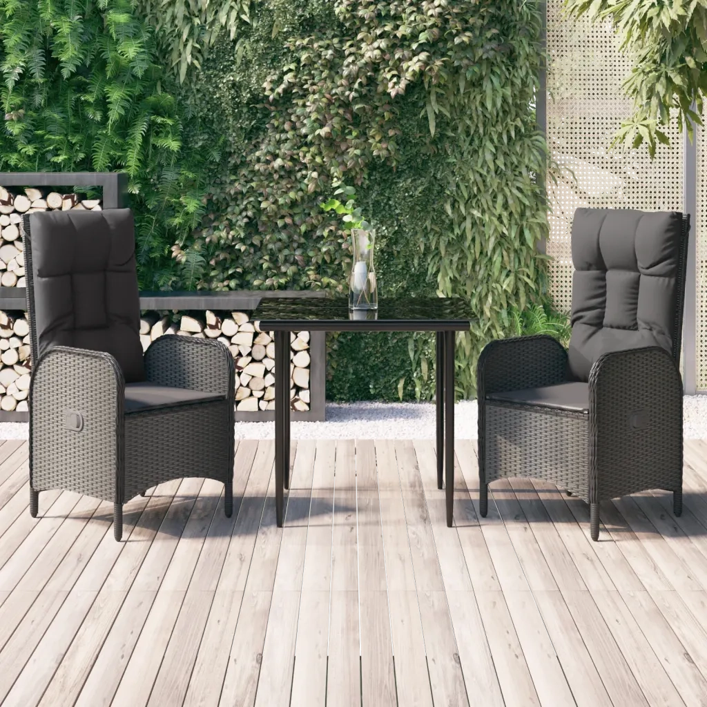 Set da Pranzo da Giardino 3 pz | Set Salotto da Giardino con Cuscini Nero in Polyrattan