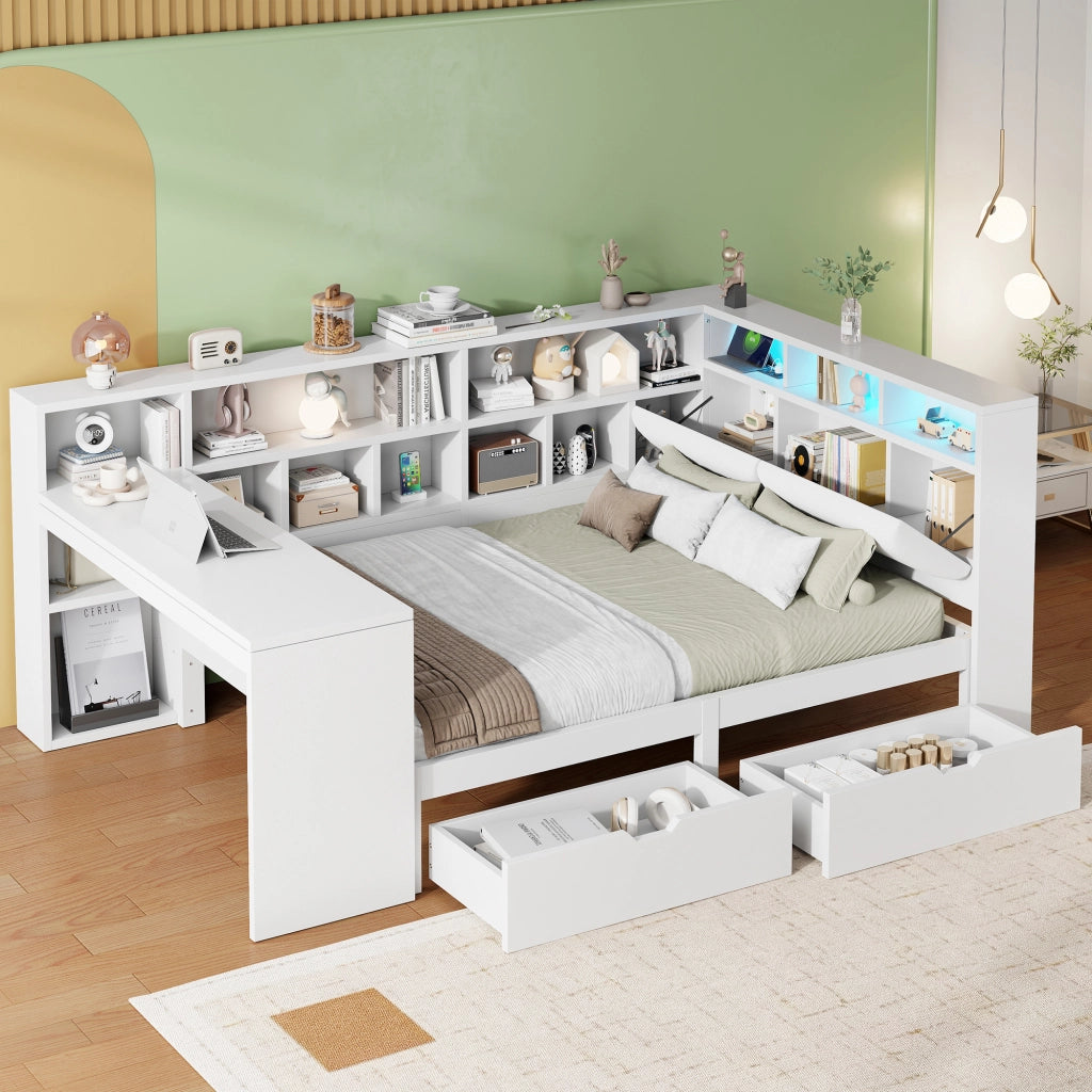 Letto combinato 140 × 200 cm con scrivania, libreria, cassetti, LED e USB, senza materasso, bianco