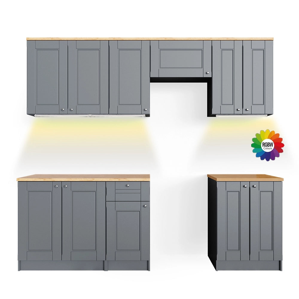 Cucina componibile Bergamo Grigio nobile/Rovere dorato 240 cm, PL Goldkraft con striscia LED Vicco