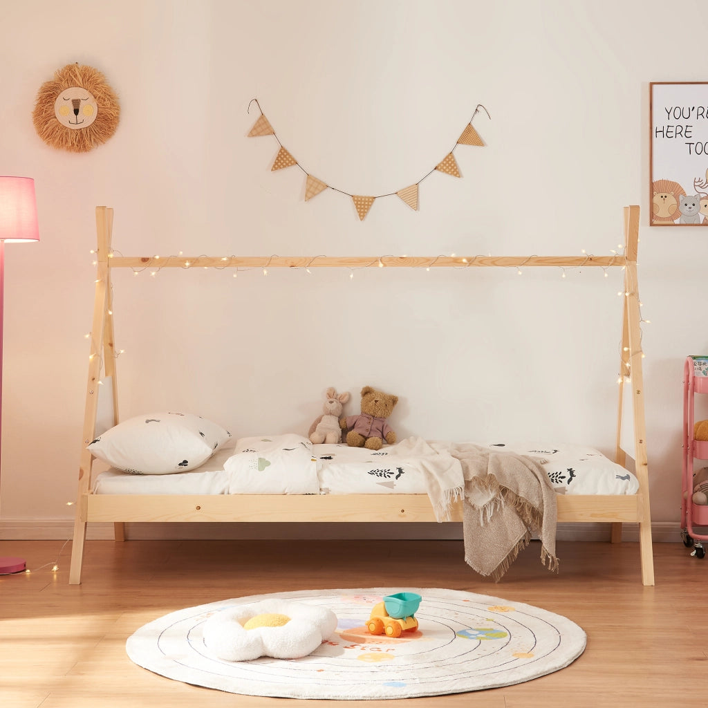 Letto Siikajoki a Forma di Tenda Indiana con Materasso 90 x 200 cm Legno di Pino - Naturale / Bianco [en.casa]