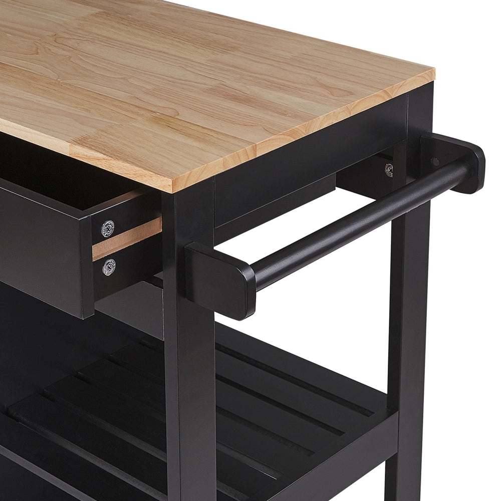 Carrello da cucina in MDF Nero legno di gomma 75 x 43 x 87 cm armadio porta asciugamani 2 ripiani cassetto posate ruote