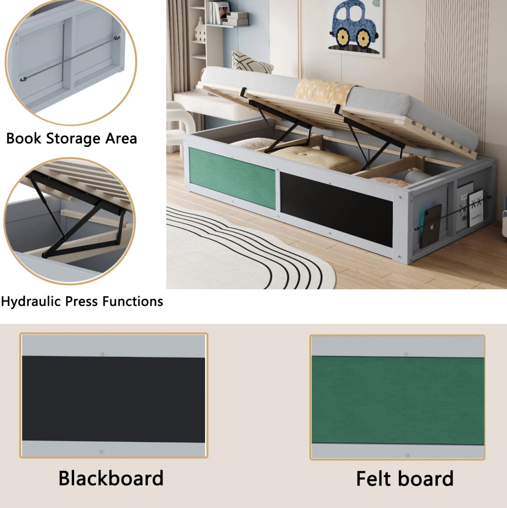 Letto bambini multifunzione 90x200 cm con contenitore idraulico; lavagna e pannello in feltro; grigio