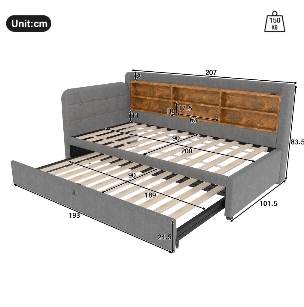 Letto daybed estraibile con testiera imbottita e prese di ricarica