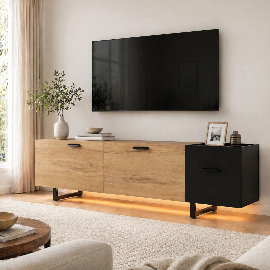 MOBILE TV 180x38x49 cm in legno ingegnerizzato nero e tono legno con LED