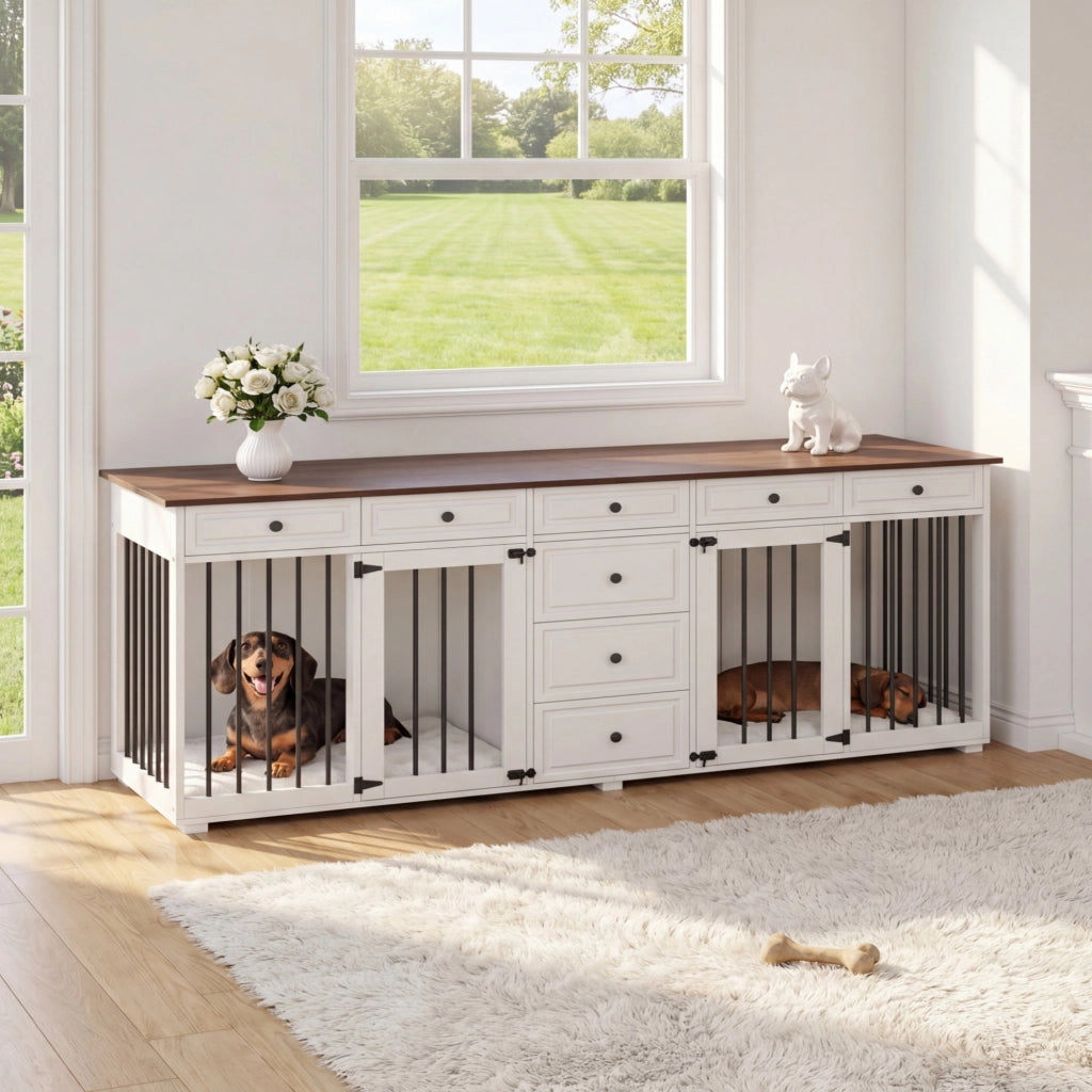 Mobile-gabbia per cani ULEVR 200x60x85 cm con 2 vani separati, 8 cassetti e chiusure di sicurezza, bianco e noce