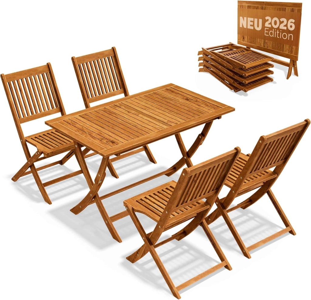 ® Set di Mobili da Giardino 5 Pezzi Modello 2026 - NOVITÀ: Tavolo Extra Stabile con Rinforzo in Legno di Acacia FSC®, 4 Sedie Pieghevoli per Giardino Balcone Esterno