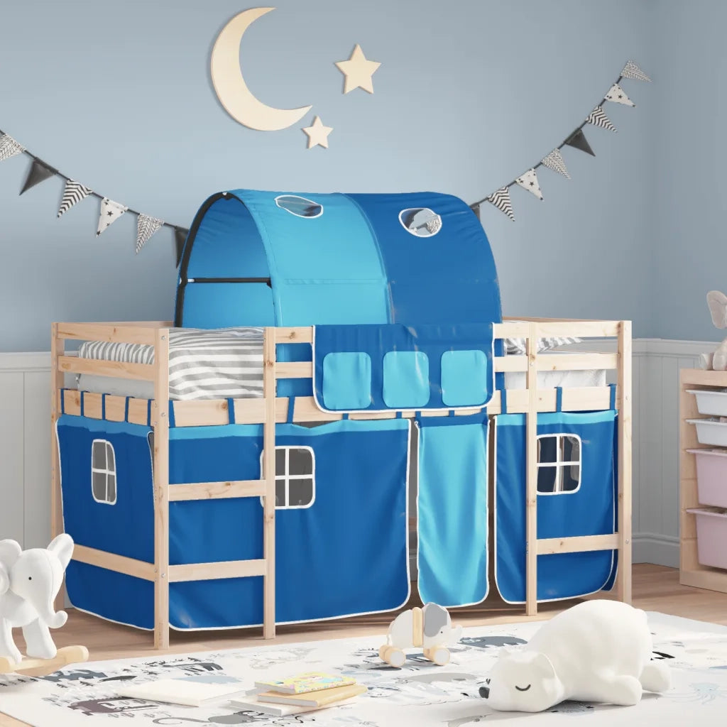 Letto a Soppalco con Tunnel Bambini | Letto Infantile | Lettino Blu 90x190cm Massello Pino