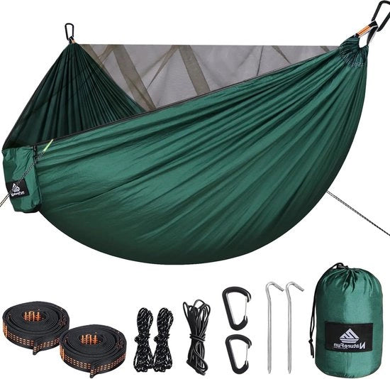 Hangmat con klamboe - 300 kg capacità di carico - paracadute ad alta velocità impermeabile - 290 x 140 cm - accessori completi - Facile da montare - hangmat da viaggio per esterno interno giardino