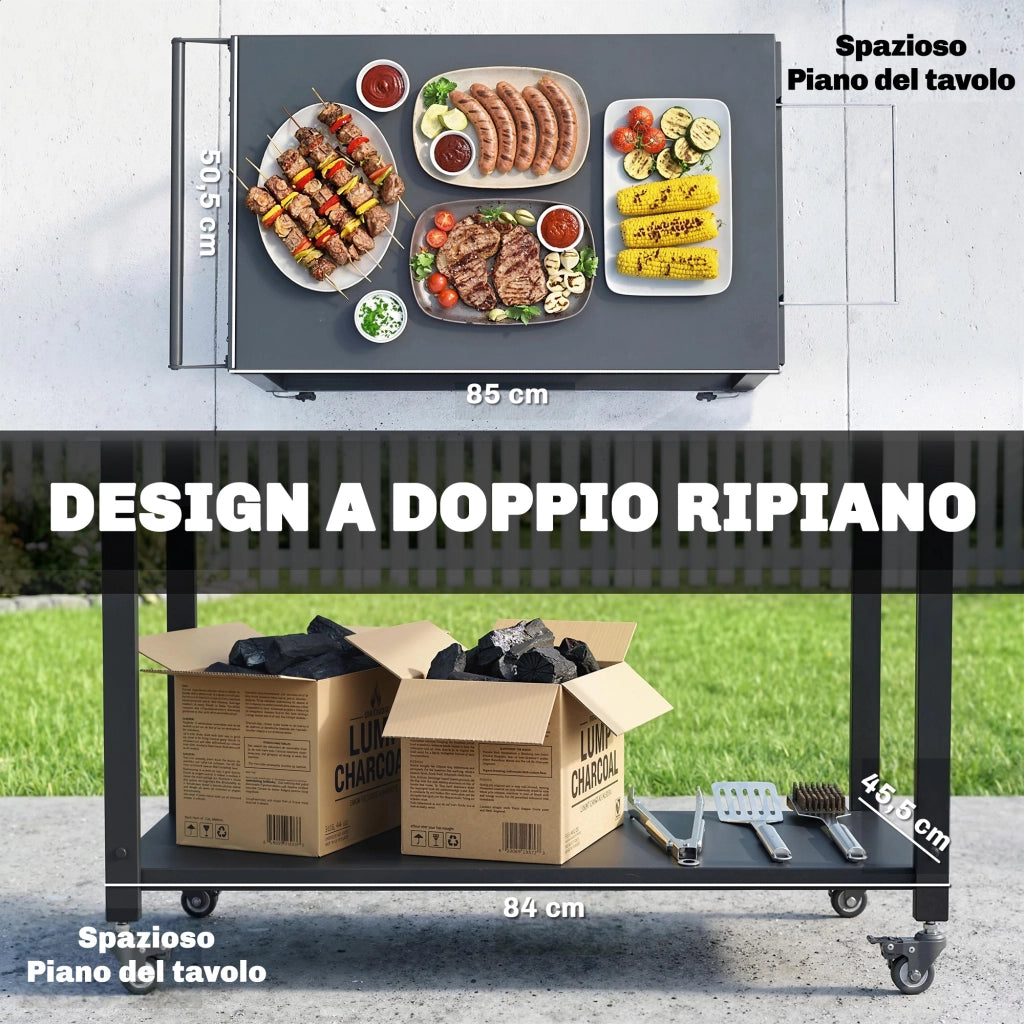 Carrello Barbecue 113x50,5x88 cm 2 Ripiani Supporto Pizza Portasacchi e Ganci in Metallo e Acciaio Nero