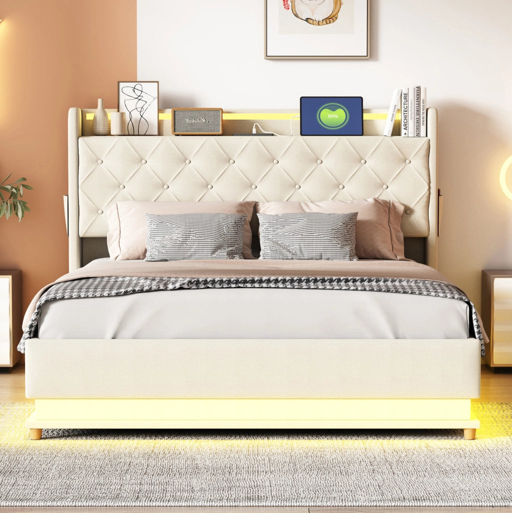 Letto imbottito LED 140x200 cm con porta USB; contenitore idraulico e tessuto effetto lino beige